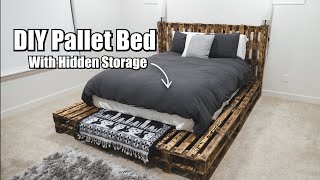 DIY Pallet Bed With Hidden Storage [upl. by Aitnahs]