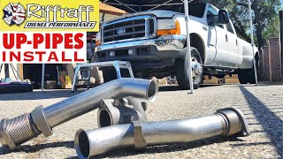 2001 F350 73  RiffRaff UpPipes Install  Stock up pipes leaking and falling apart JUNK SP [upl. by Derry]