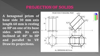 Projection of Solids  Hexagonal Prism  Resting on HP amp Axis inclined [upl. by Lilla]